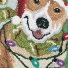 Christmas Corgi Hooked Wool Throw Pillow, close-up detail