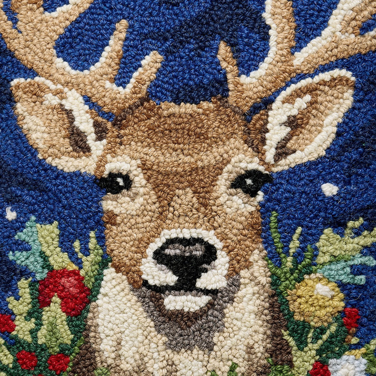 Christmas Deer Hooked Wool Throw Pillow, close-up detail