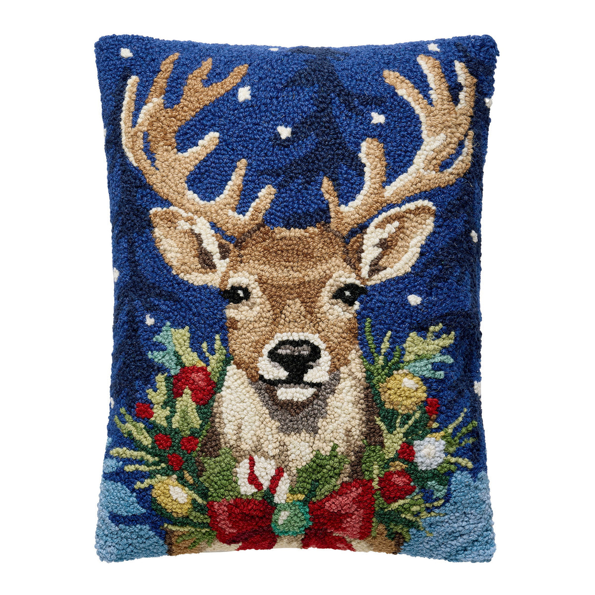 Christmas Deer Hooked Wool Throw Pillow, 14x18 inch, front view