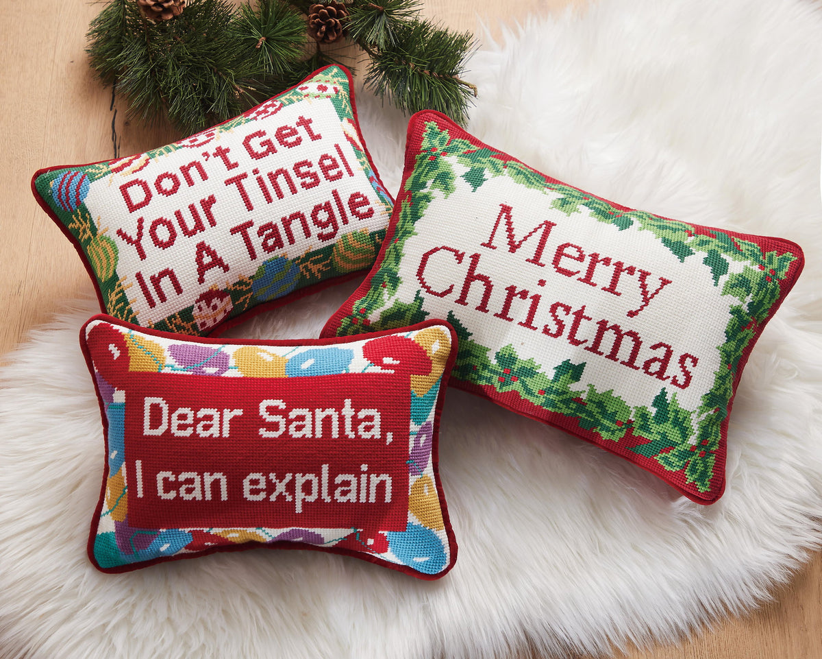 Christmas Embroidered Needlepoint Throw Pillow shown alongside other designs in the same collection, 9x16 inch