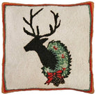 Festive Deer Wreath hooked wool throw pillow with festive holiday seasonal design