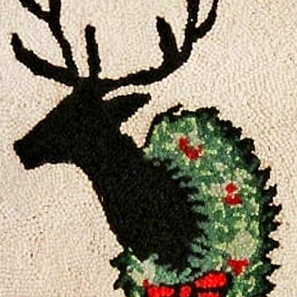 Christmas Festive Deer Wreath Holiday Wool Hooked pillow fabric closeup showing hand-embroidered needlepoint wool texture and color detail