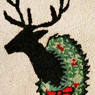 Christmas Festive Deer Wreath Holiday Wool Hooked pillow fabric closeup showing hand-embroidered needlepoint wool texture and color detail