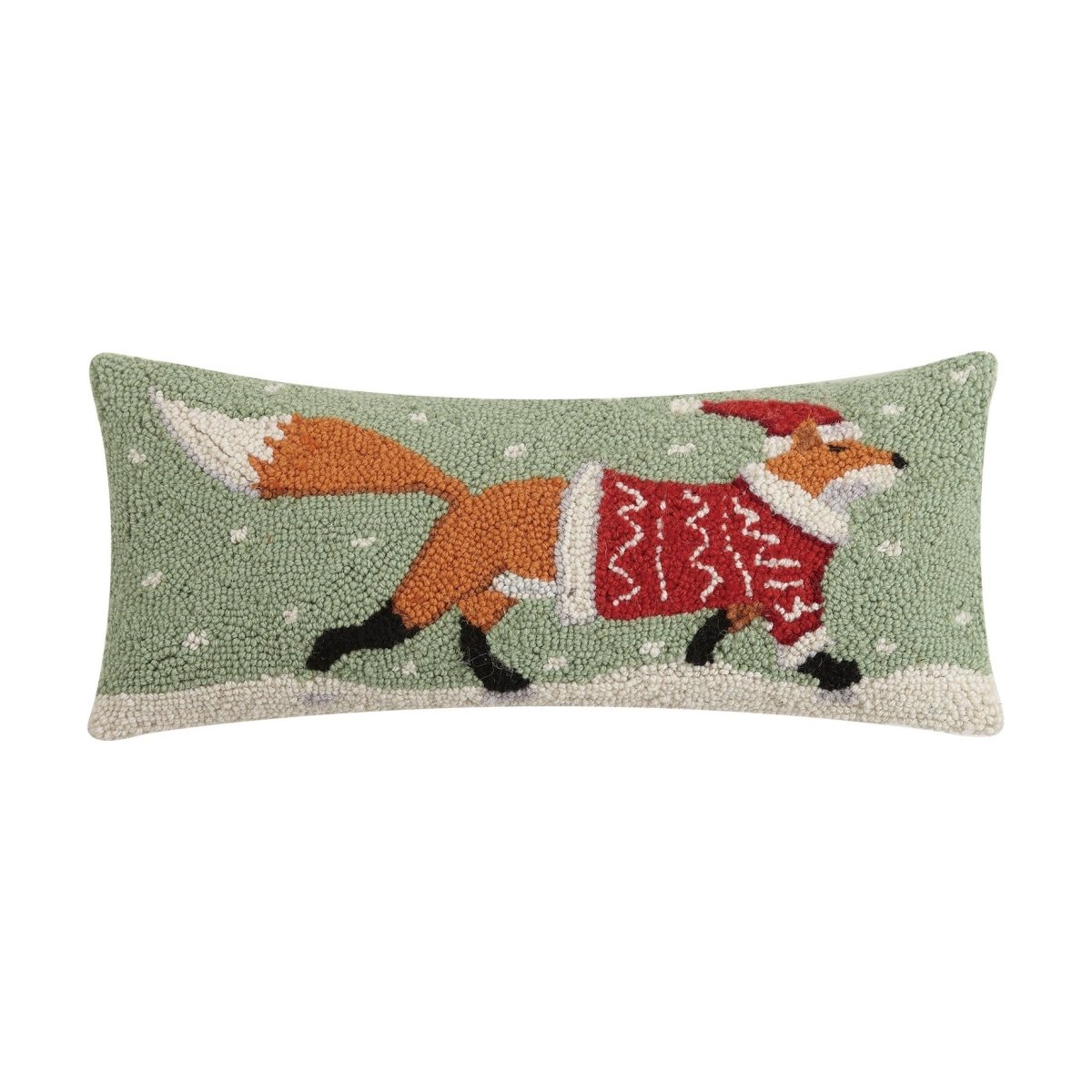 Christmas Fox Hooked Wool Throw Pillow, 8x20 inch, front view