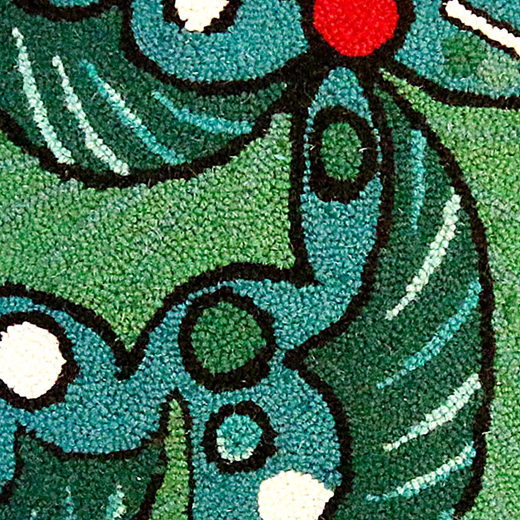 Closeup of Christmas Fun Holly Berry Wool Hooked needlepoint throw pillow highlighting hand-stitched wool craftsmanship and fabric detail