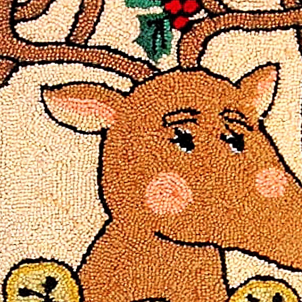 Christmas Holiday Reindeer Candy Cane pillow fabric closeup showing hand-embroidered needlepoint wool texture and color detail