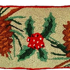 Closeup of Christmas Holly and Pine Cones needlepoint throw pillow highlighting hand-stitched wool craftsmanship and fabric detail