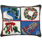 Ice Skates And Sled needlepoint throw pillow with festive holiday seasonal design