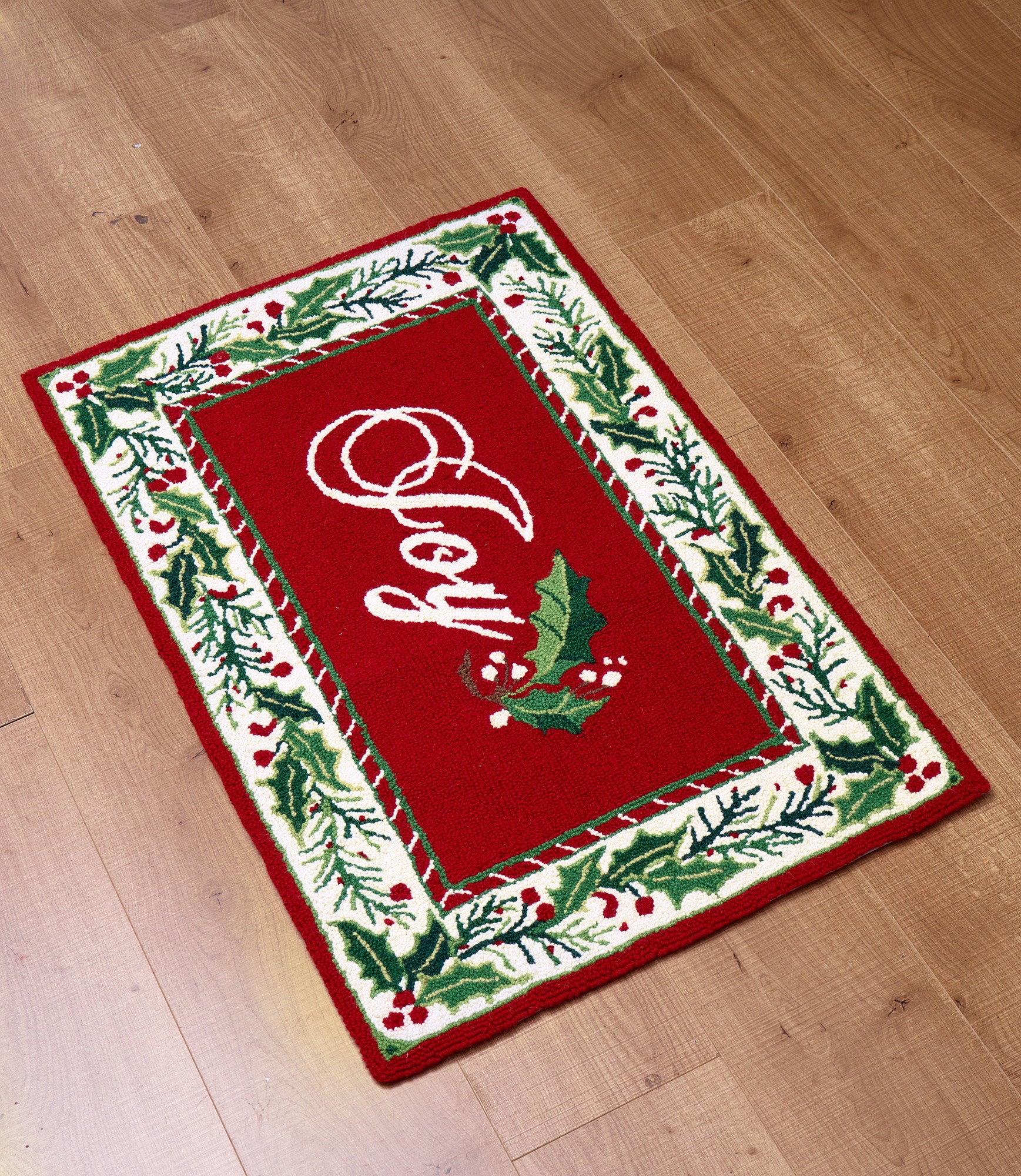 Christmas Joy Hooked Wool Rug styled in a room setting, 2x3 feet