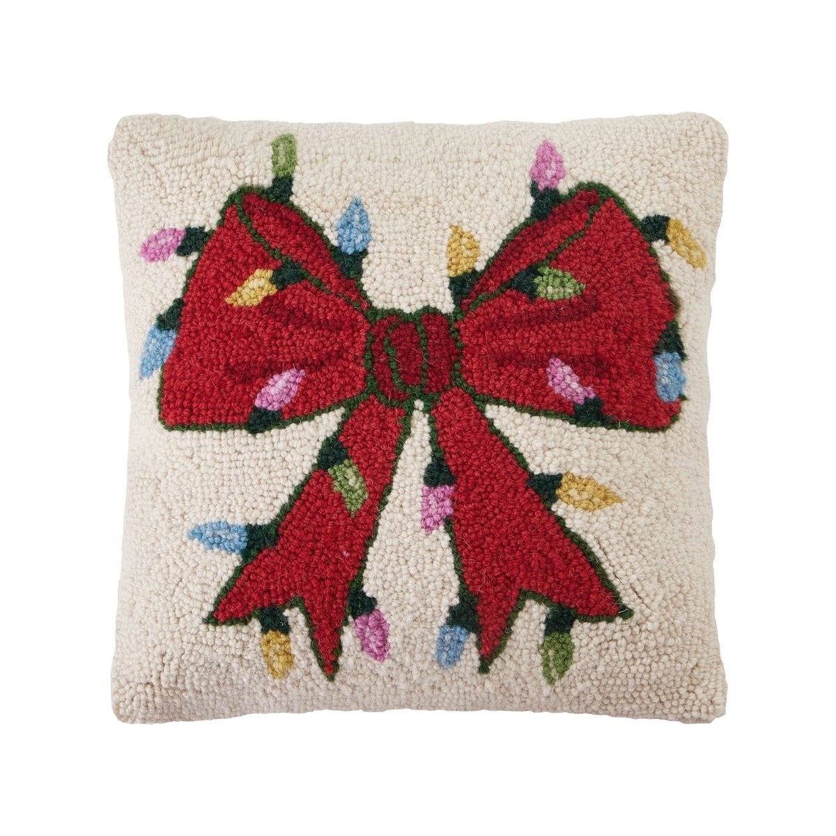 Christmas Lights Bow Hooked Wool Throw Pillow, 14x14 inch, front view