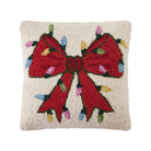 Christmas Lights Bow Hooked Wool Throw Pillow, 14x14 inch, front view