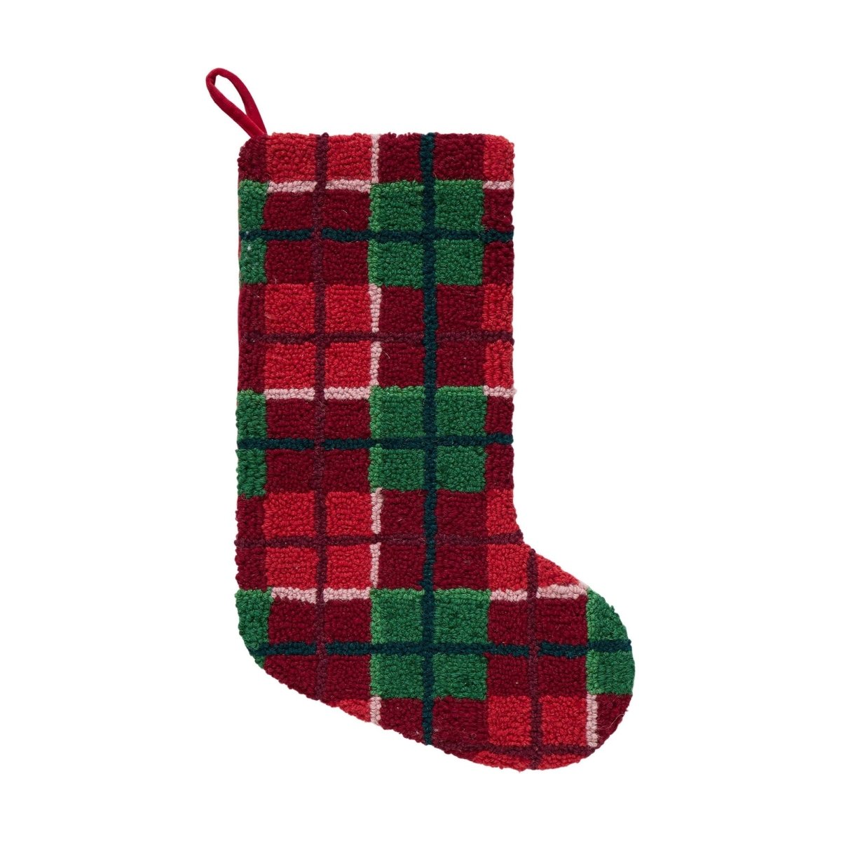 Christmas Plaid Hooked Wool Stocking, 12x20 inch, front view