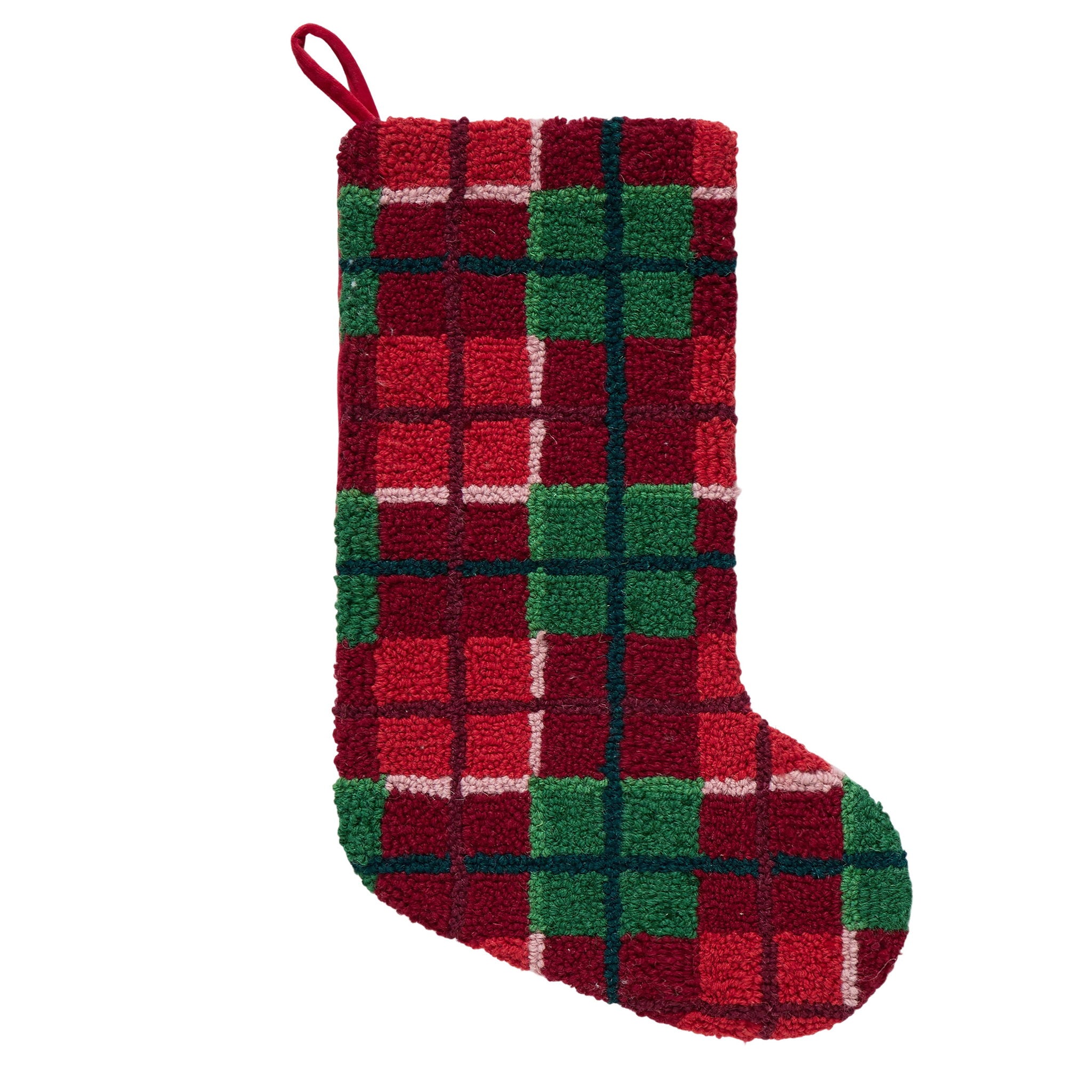 Christmas Plaid Hooked Wool Stocking, 12x20 inch, front view