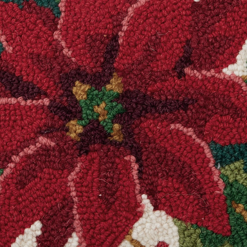 Christmas Poinsettia Hooked Wool Throw Pillow, close-up detail