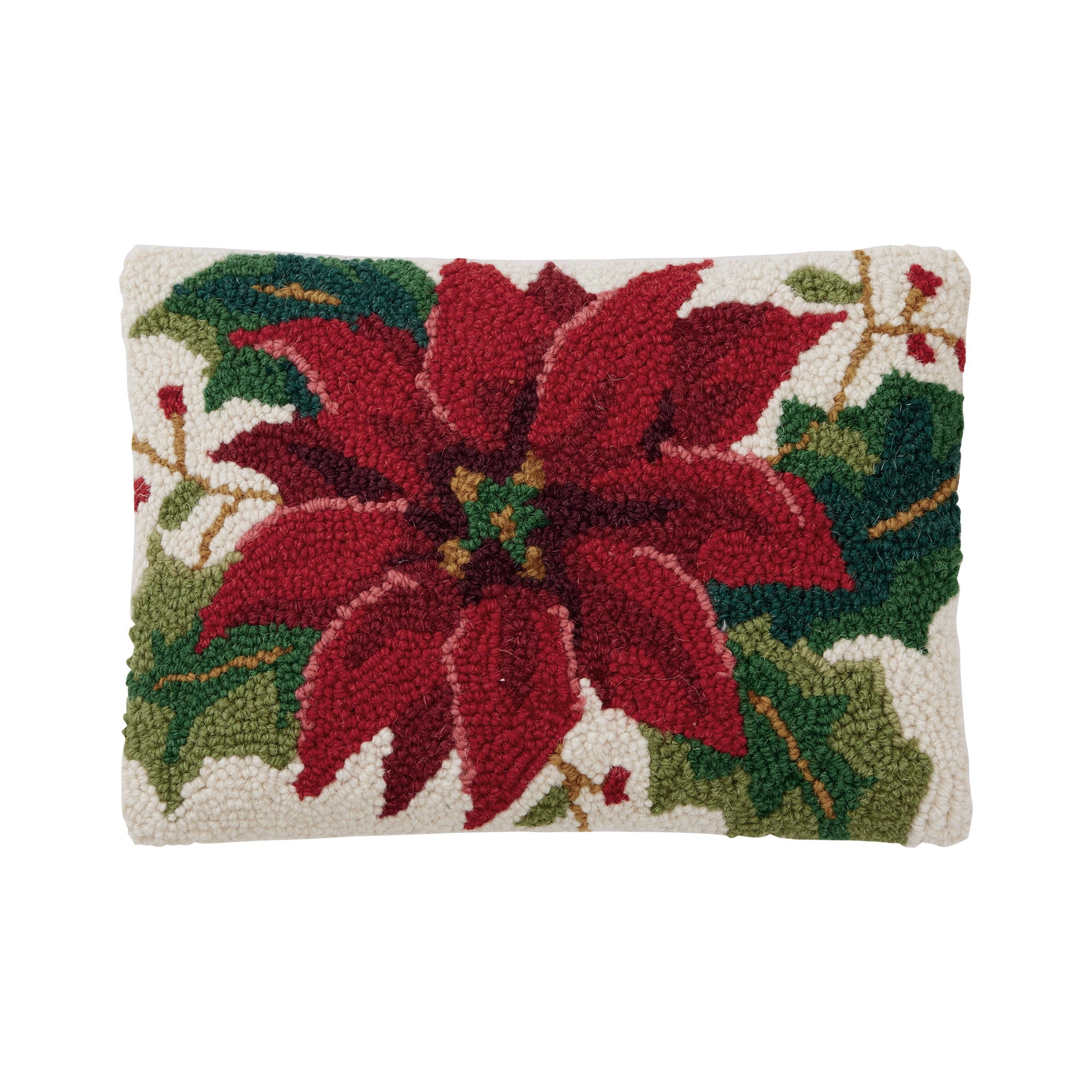 Christmas Poinsettia Hooked Wool Throw Pillow, 8x12 inch, front view