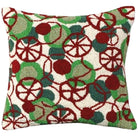Red Peppermint Green Swirls hooked wool throw pillow with festive holiday seasonal design