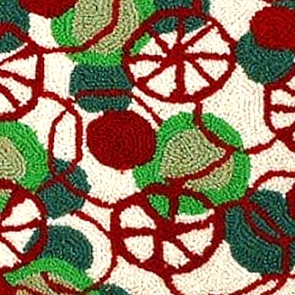 Hand-stitched wool detail of Christmas Red Peppermint Green Swirls Wool Hooked needlepoint pillow showing intricate weave pattern and texture