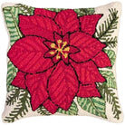 Red Poinsettia hooked wool throw pillow with festive holiday seasonal design