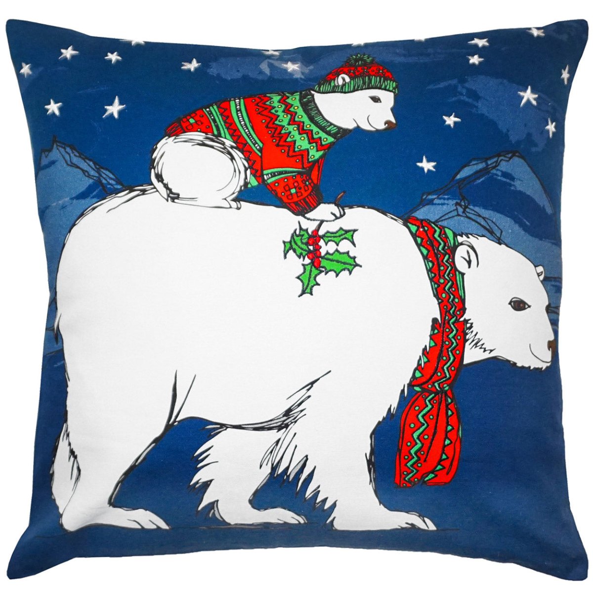 Red Polar Bear needlepoint throw pillow with festive holiday seasonal design