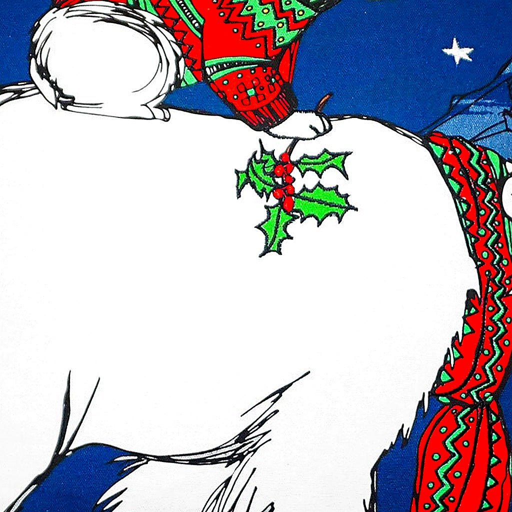 Hand-stitched wool detail of Christmas Red Polar Bear needlepoint pillow showing intricate weave pattern and texture