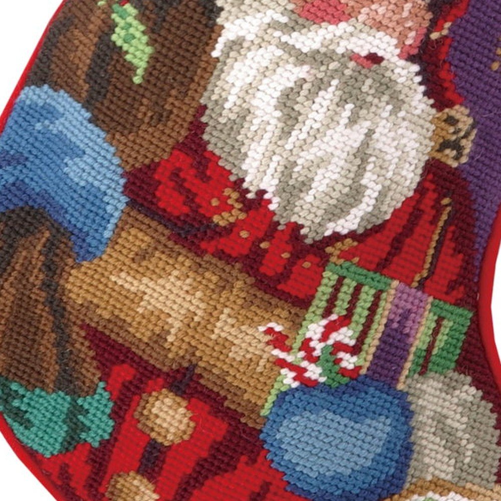 Closeup of Christmas Santa Wool Needlepoint Stocking showing stitch texture and craftsmanship detail