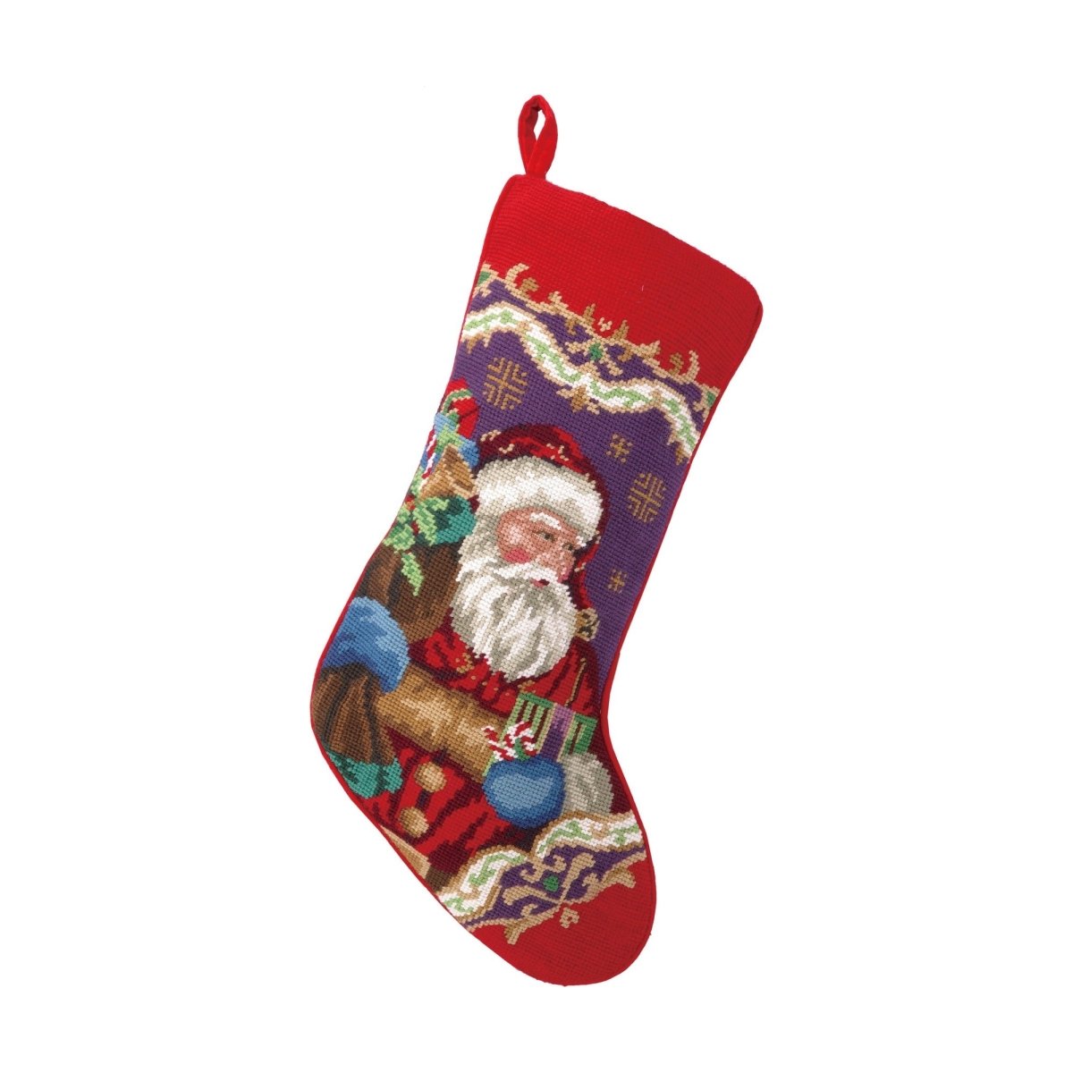 Christmas Santa Wool Needlepoint Stocking, 11x18 inch, front view