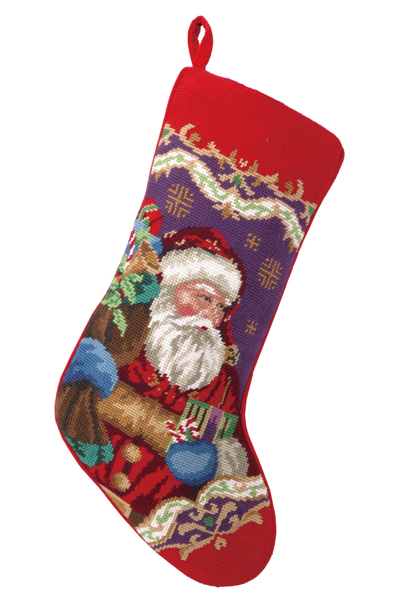 Christmas Santa Wool Needlepoint Stocking, 11x18 inch, front view