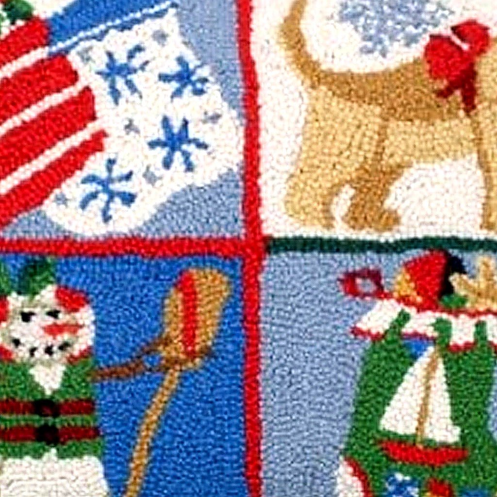 Christmas Snowman Puppy Stockings Wool Hooked stocking stitch closeup showing hand-embroidered needlepoint wool detail