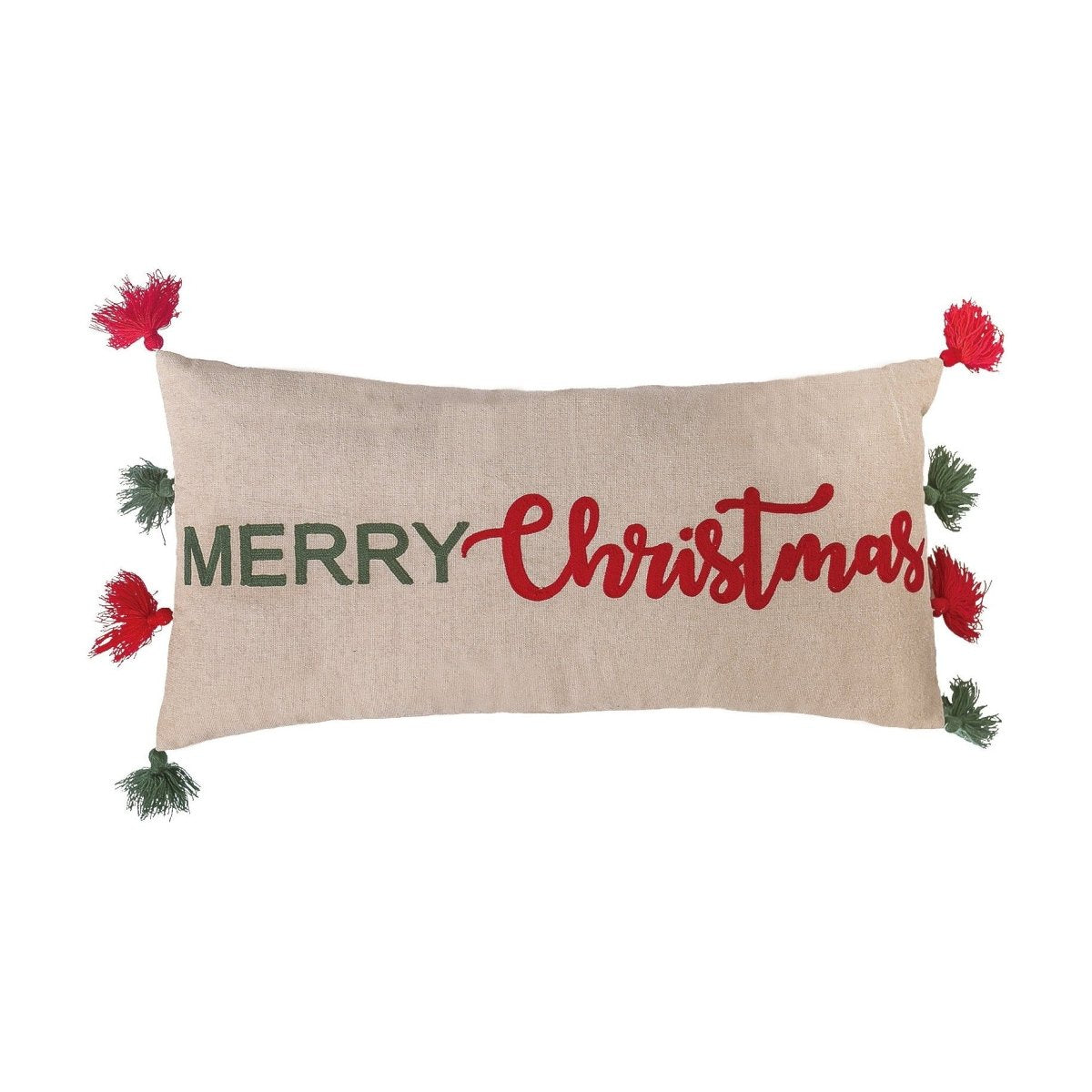 Christmas Tassel Embroidered Throw Pillow, 12x24 inch, front view