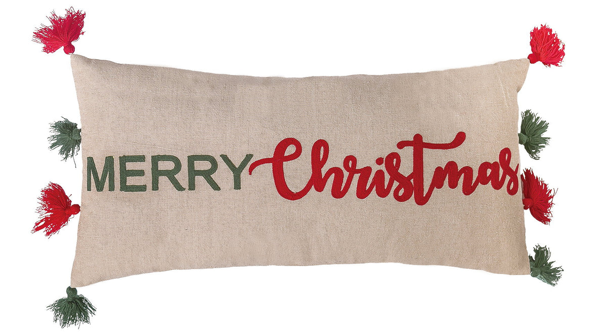 Christmas Tassel Embroidered Throw Pillow, 12x24 inch, front view