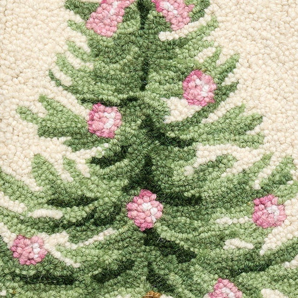 Closeup of Christmas Tree Chinoiserie Hooked Wool Stocking showing stitch texture and craftsmanship detail