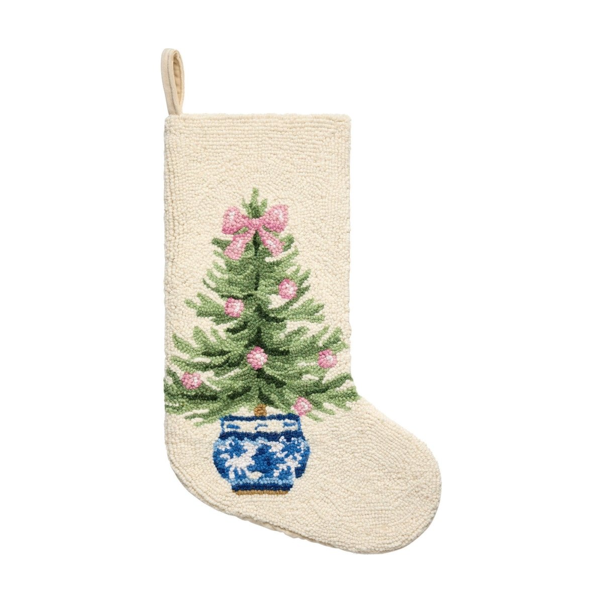 Christmas Tree Chinoiserie Hooked Wool Stocking, 12x20 inch, front view