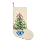 Christmas Tree Chinoiserie Hooked Wool Stocking, 12x20 inch, front view