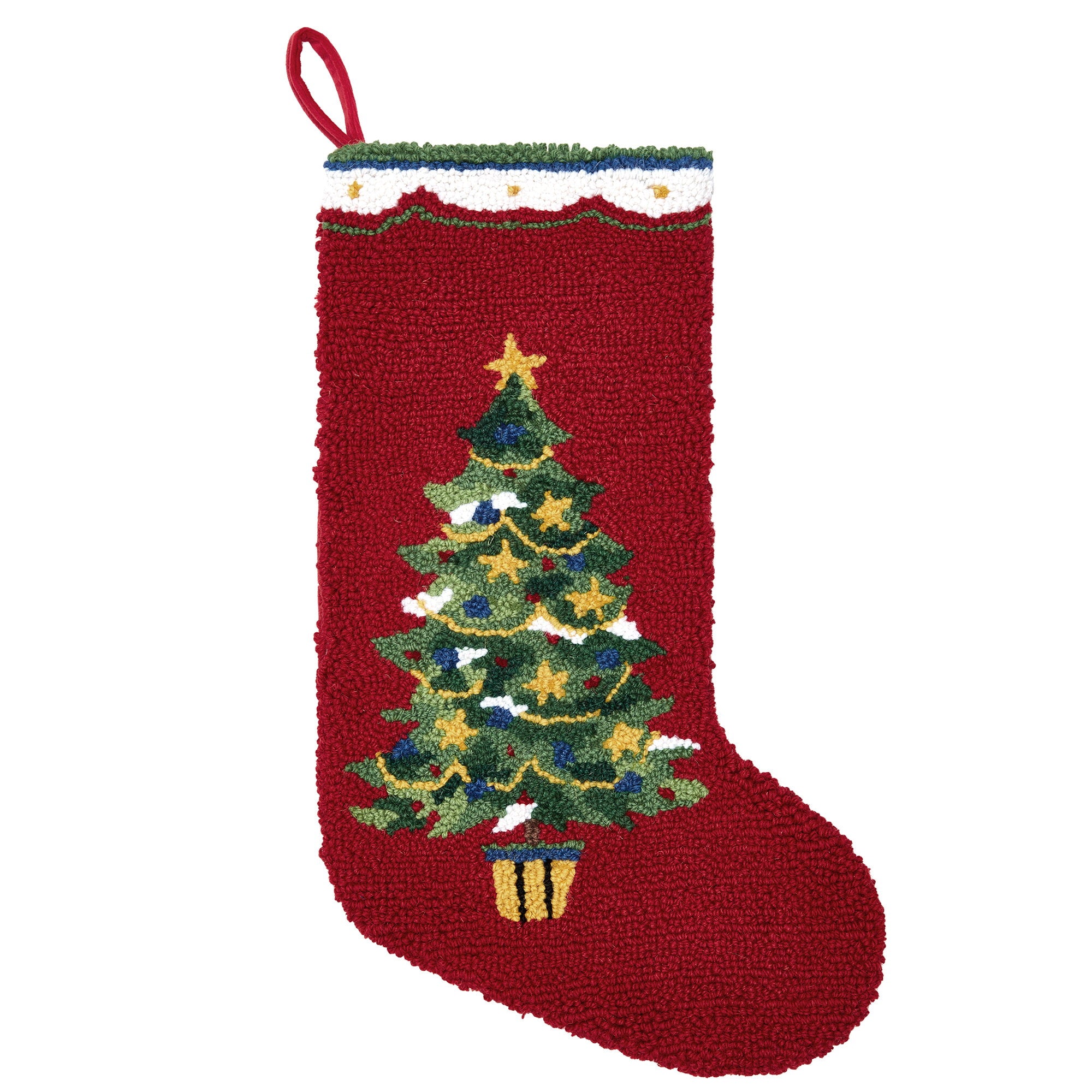 Christmas Tree Hooked Wool Stocking, 12x20 inch, front view