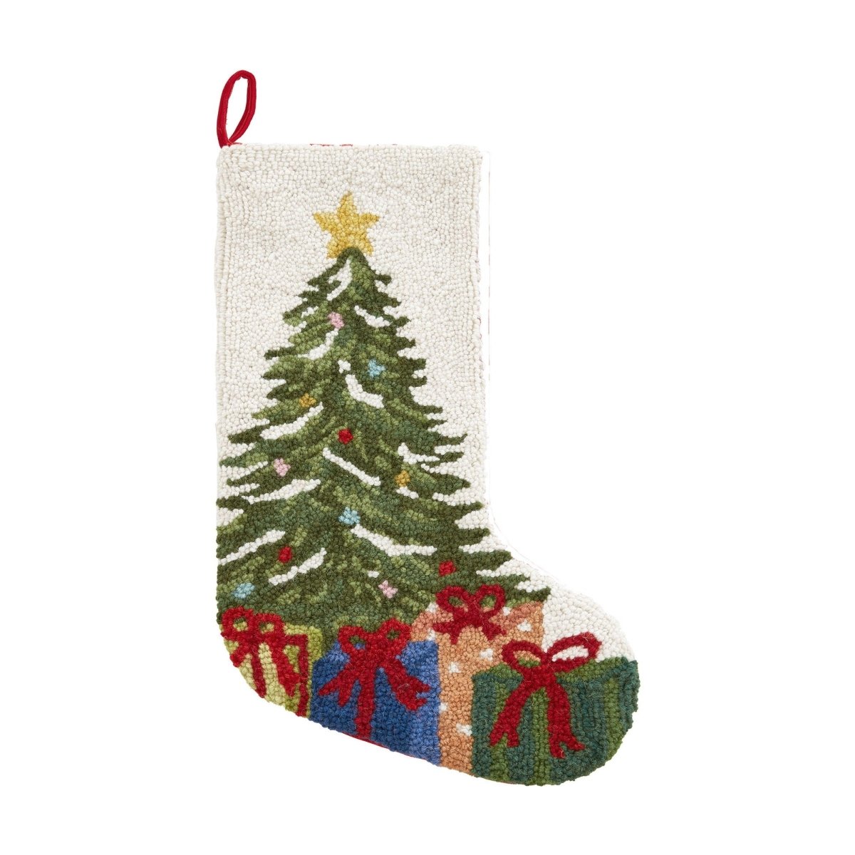 Christmas Tree & Presents Hooked Wool Stocking, 12x20 inch, front view