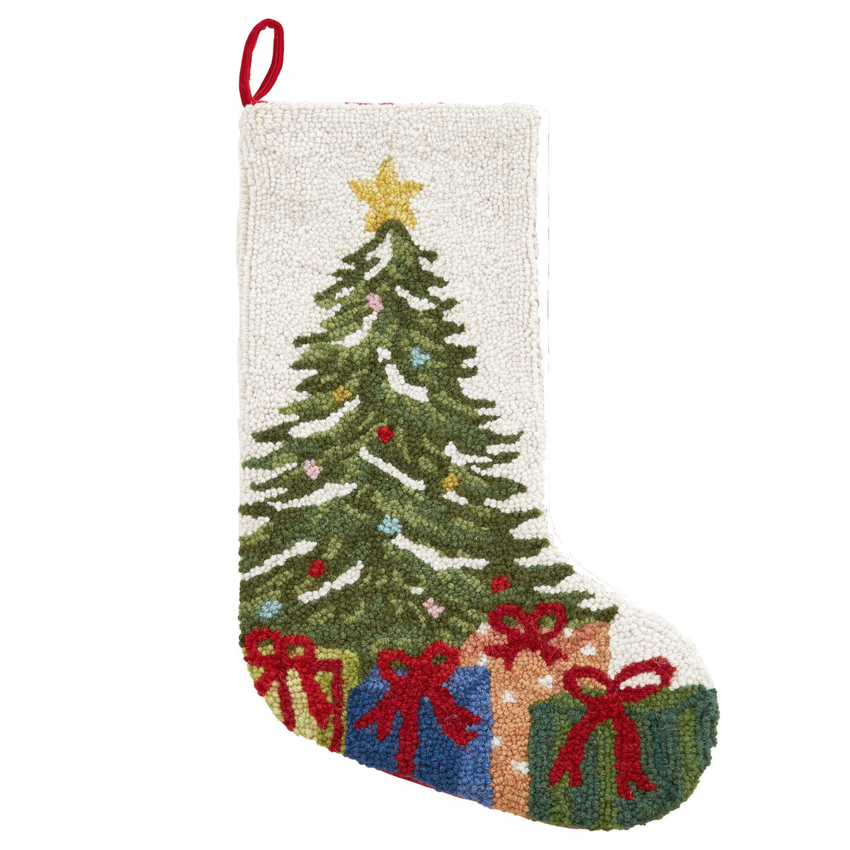 Christmas Tree & Presents Hooked Wool Stocking, 12x20 inch, front view