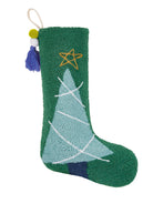 Christmas Tree with Pom Pom Tassel Hooked Wool Stocking, 12x20 inch, front view