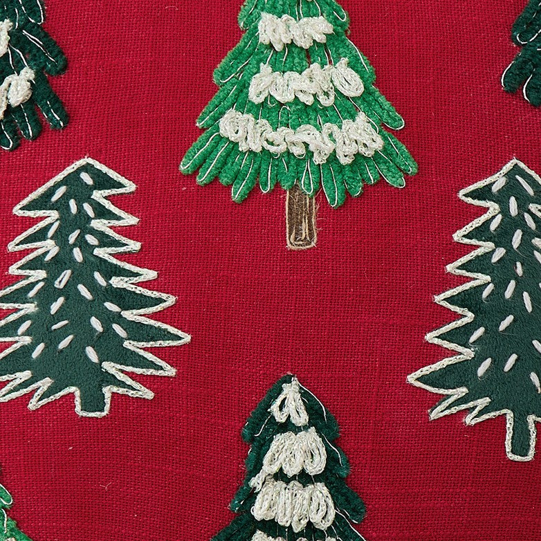 Christmas Trees with Pom Poms Embroidered Throw Pillow, close-up detail
