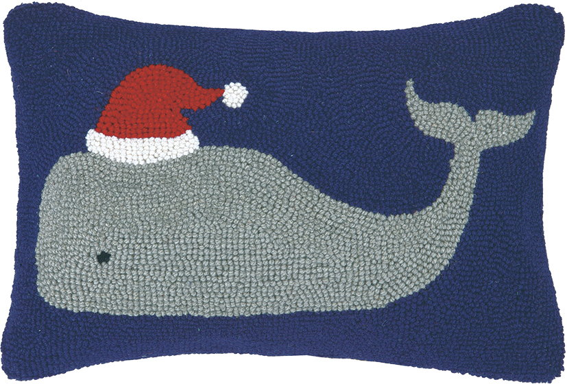 Christmas Whale Hooked Wool Throw Pillow, 12x18 inch, front view