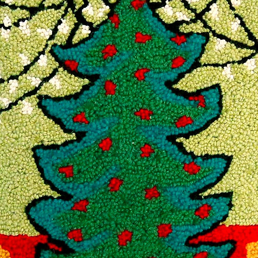 Christmas White Tree Festive Winter Wool Hooked pillow fabric closeup showing hand-embroidered needlepoint wool texture and color detail