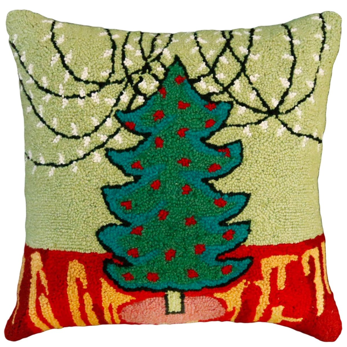 White Tree Festive Winter hooked wool throw pillow with festive holiday seasonal design