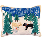 Winter Playing Snow Dogs hooked wool throw pillow with festive holiday seasonal design