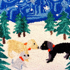 Christmas Winter Playing Snow Dogs Wool Hooked pillow fabric closeup showing hand-embroidered needlepoint wool texture and color detail