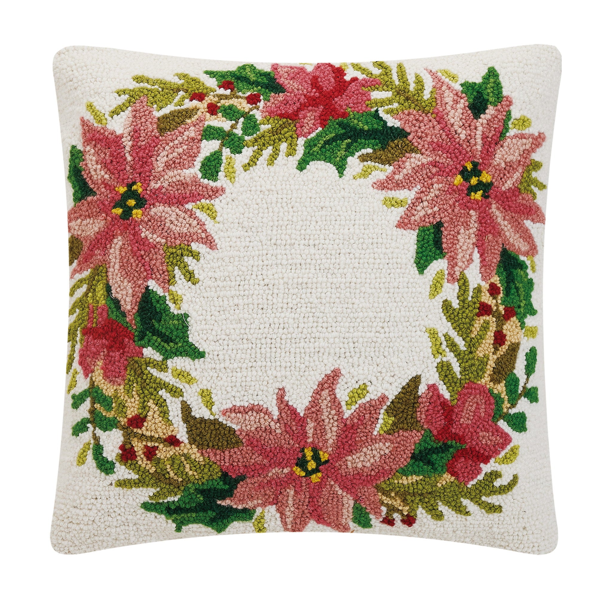 Christmas Wreath Hooked Wool Throw Pillow, 18x18 inch, front view