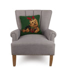 Christmas Yorkshire Terrier Hooked Wool Throw Pillow on an armchair, showing the throw pillow at room scale, 16x16 inch