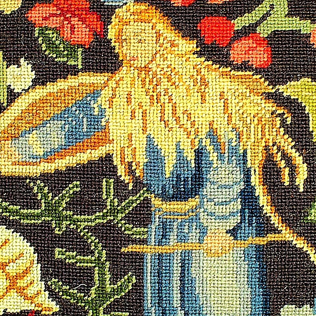 Classic Middle Age Floral Tapestry Wool pillow fabric closeup showing hand-embroidered needlepoint wool texture and color detail