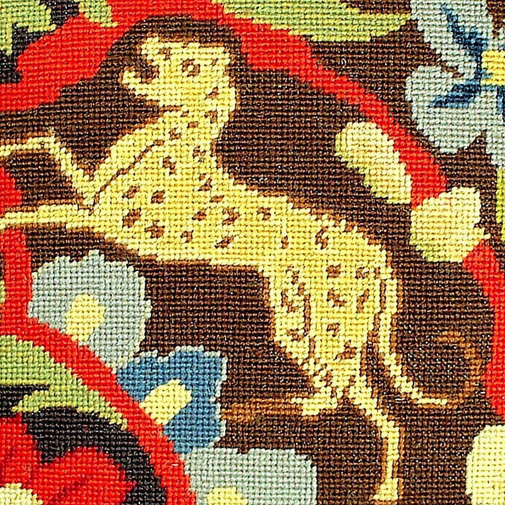 Hand-stitched wool detail of Classic Middle Age Leopard Tapestry Wool needlepoint pillow showing intricate weave pattern and texture