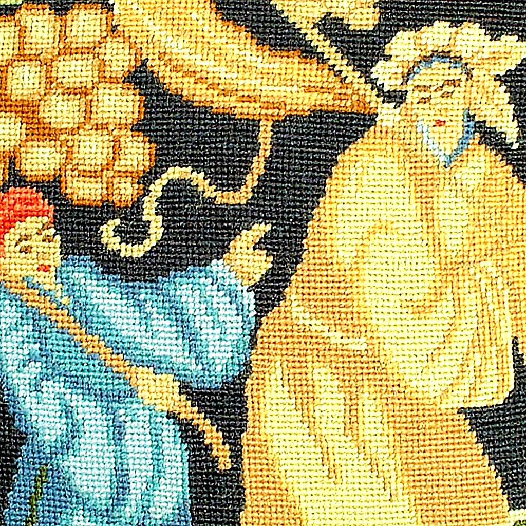 Hand-stitched wool detail of Classic Middle Age Tapestry Abstract Wool needlepoint pillow showing intricate weave pattern and texture