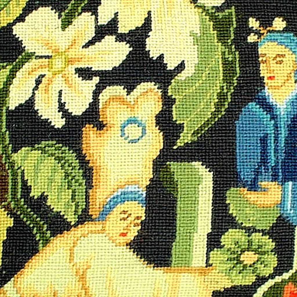 Classic Middle Age Tapestry Design pillow fabric closeup showing hand-embroidered needlepoint wool texture and color detail