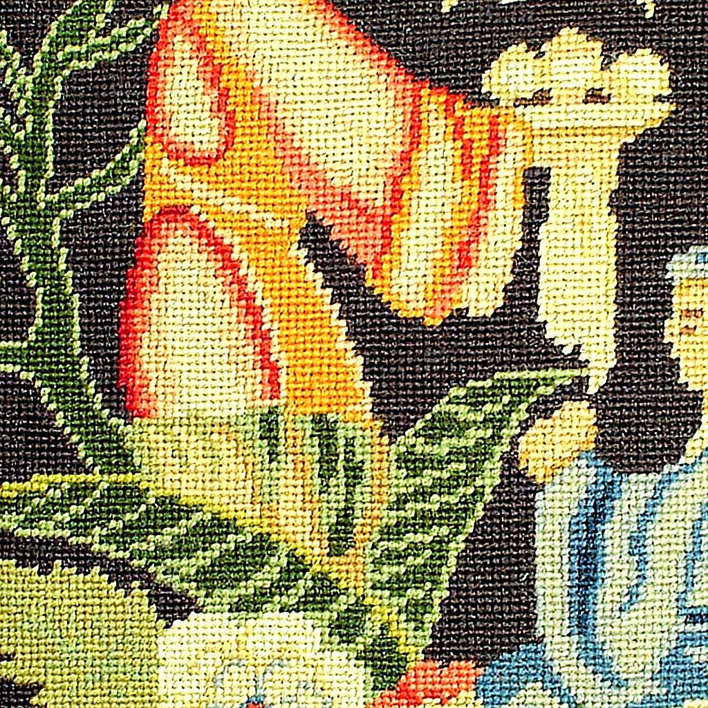 Hand-stitched wool detail of Classic Middle Age Tapestry Wool needlepoint pillow showing intricate weave pattern and texture